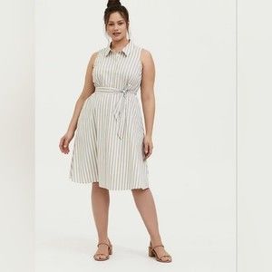 TORRID TAUPE & WHITE STRIPE POPLIN SHIRT DRESS BUTTON UP SASH MIDI SIZE 1